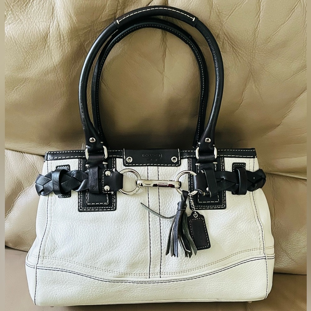 Authentic Coach  Hampton White And Black Leather Carryall Braid Accent Handbag
